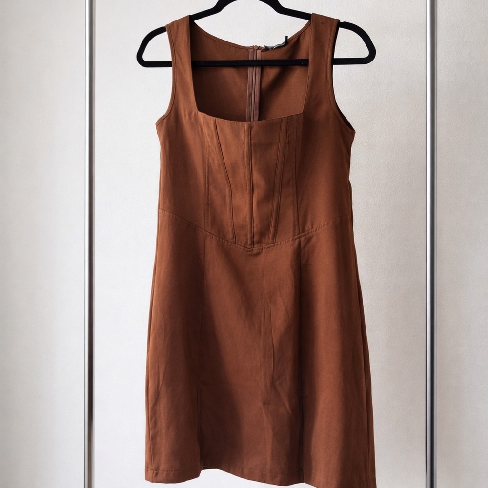 PrettyLittleThing Rust Brown Square Neck Mini Dress